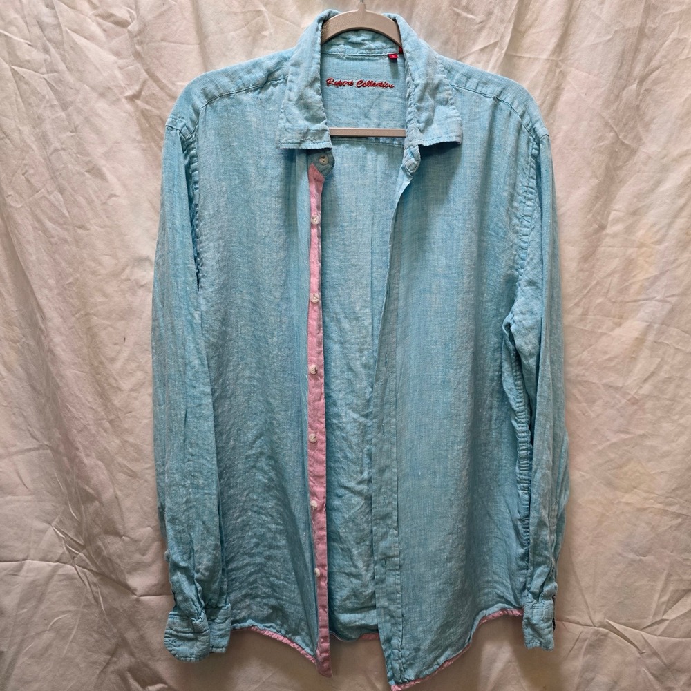 Report Collection Mens Linen Shirt Blue Pink Trim Long Sleeve Large Flip‎ Cuff